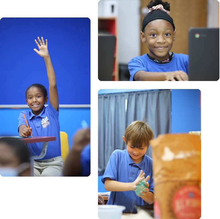 Students engaged in learning and interacting in a classroom collage